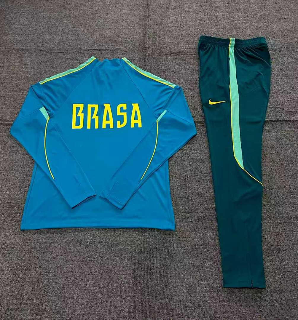 Kids Brazil Half-zip Light Blue Training Kit Suit 2026 Kids Brazil Half-zip Light Blue Training Kit Suit 2026 rear view of shirt and shorts