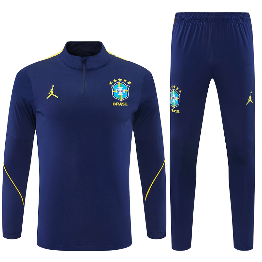 Mens Brazil Jordan Collaboration Half-zip Royal Blue Training Kit Suit 2026 Mens Brazil Jordan Collaboration Half-zip Royal Blue Training Kit Suit 2026 royal blue drill top and pants front view