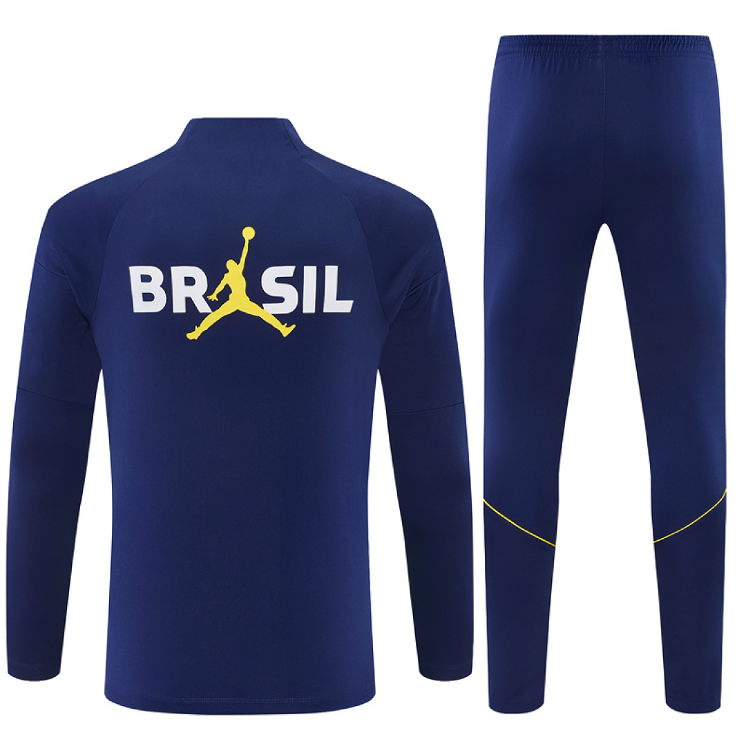 Mens Brazil Jordan Collaboration Half-zip Royal Blue Training Kit Suit 2026 Mens Brazil Jordan Collaboration Half-zip Royal Blue Training Kit Suit 2026 rear view of shirt and shorts