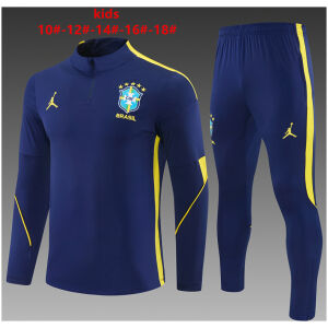 Kids Brazil Jordan Collaboration Half-zip Royal Blue Training Kit Suit 2026 Kids Brazil Jordan Collaboration Half-zip Royal Blue Training Kit Suit 2026 royal blue drill top and pants front view
