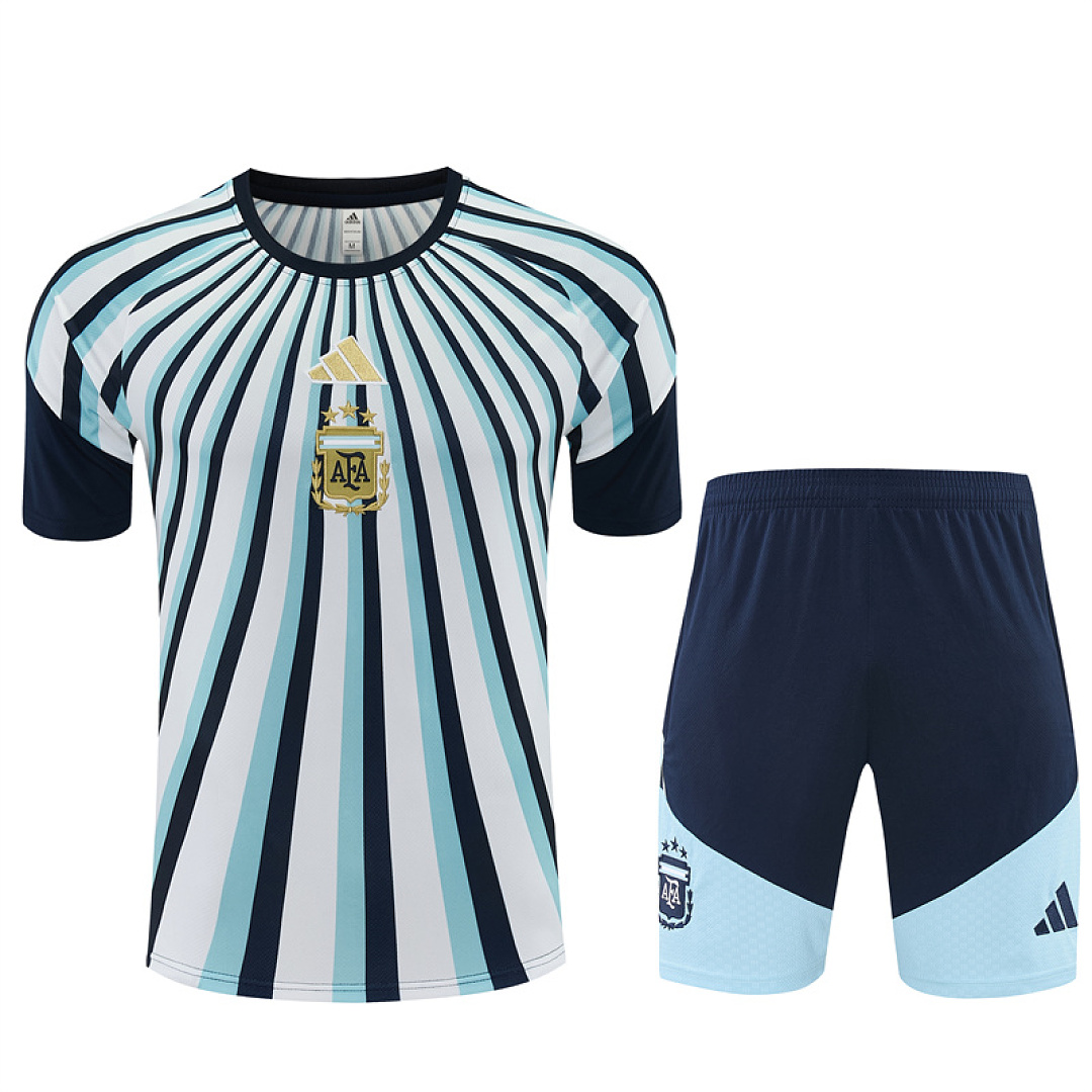 Mens Argentina Camo Blue/White Training Kit 2026 Mens Argentina Camo Blue/White Training Kit Kit 2026 sunburst striped jersey and navy shorts front view