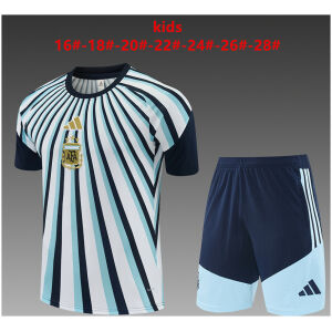 Kids Argentina Camo Blue/White Training Kit 2026 Kids Argentina Camo Blue/White Training Kit Kit 2026 sunburst striped jersey and navy shorts front view