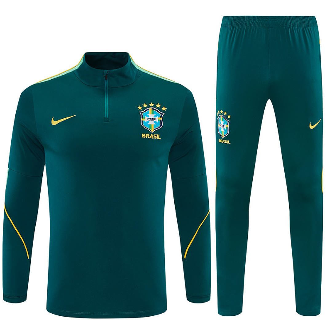Mens Brazil Half-zip Dark Green Training Kit Suit 2026 Mens Brazil Half-zip Dark Green Training Kit Suit 2026 dark green drill top and pants front view