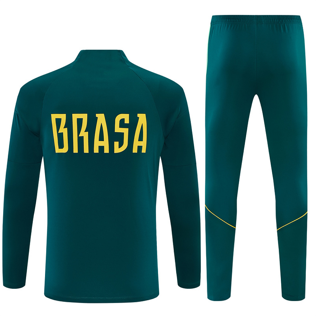 Mens Brazil Half-zip Dark Green Training Kit Suit 2026 Mens Brazil Half-zip Dark Green Training Kit Suit 2026 rear view of shirt and shorts
