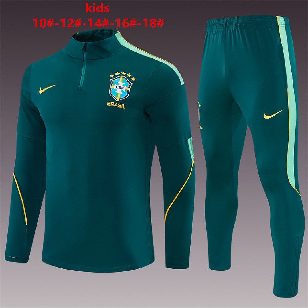 Kids Brazil Half-zip Dark Green Training Kit Suit 2026 Kids Brazil Half-zip Dark Green Training Kit Suit 2026 dark green drill top and pants front view