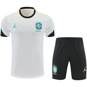 Mens Brazil Jordan Collaboration White Training Kit 2026 Mens Brazil Jordan Collaboration White Training Kit Kit 2026 white jersey and black shorts front view
