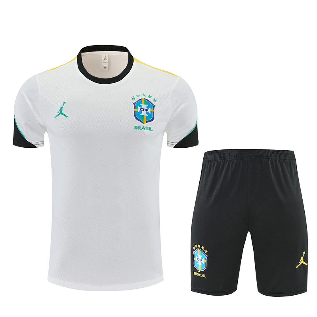 Mens Brazil Jordan Collaboration White Training Kit 2026 Mens Brazil Jordan Collaboration White Training Kit Kit 2026 white jersey and black shorts front view