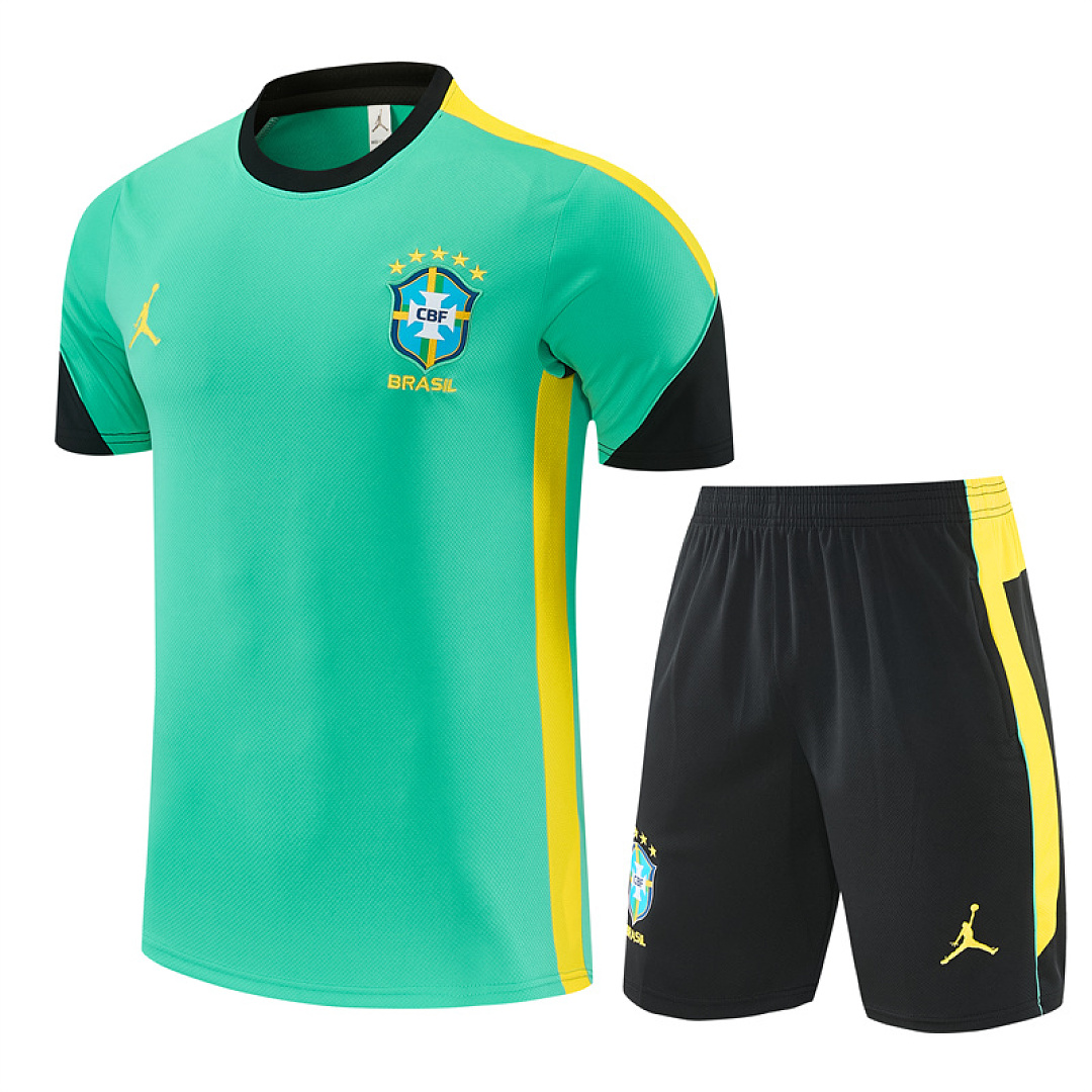 Mens Brazil Jordan Collaboration Light Green Training Kit 2026 Mens Brazil Jordan Collaboration Light Green Training Kit Kit 2026 light green jersey and black shorts front view