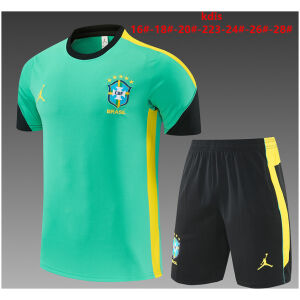Kids Brazil Jordan Collaboration Light Green Training Kit 2026 Kids Brazil Jordan Collaboration Light Green Training Kit Kit 2026 light green shirt and black shorts front view