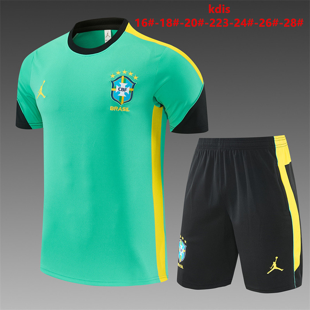 Kids Brazil Jordan Collaboration Light Green Training Kit 2026 Kids Brazil Jordan Collaboration Light Green Training Kit Kit 2026 light green shirt and black shorts front view