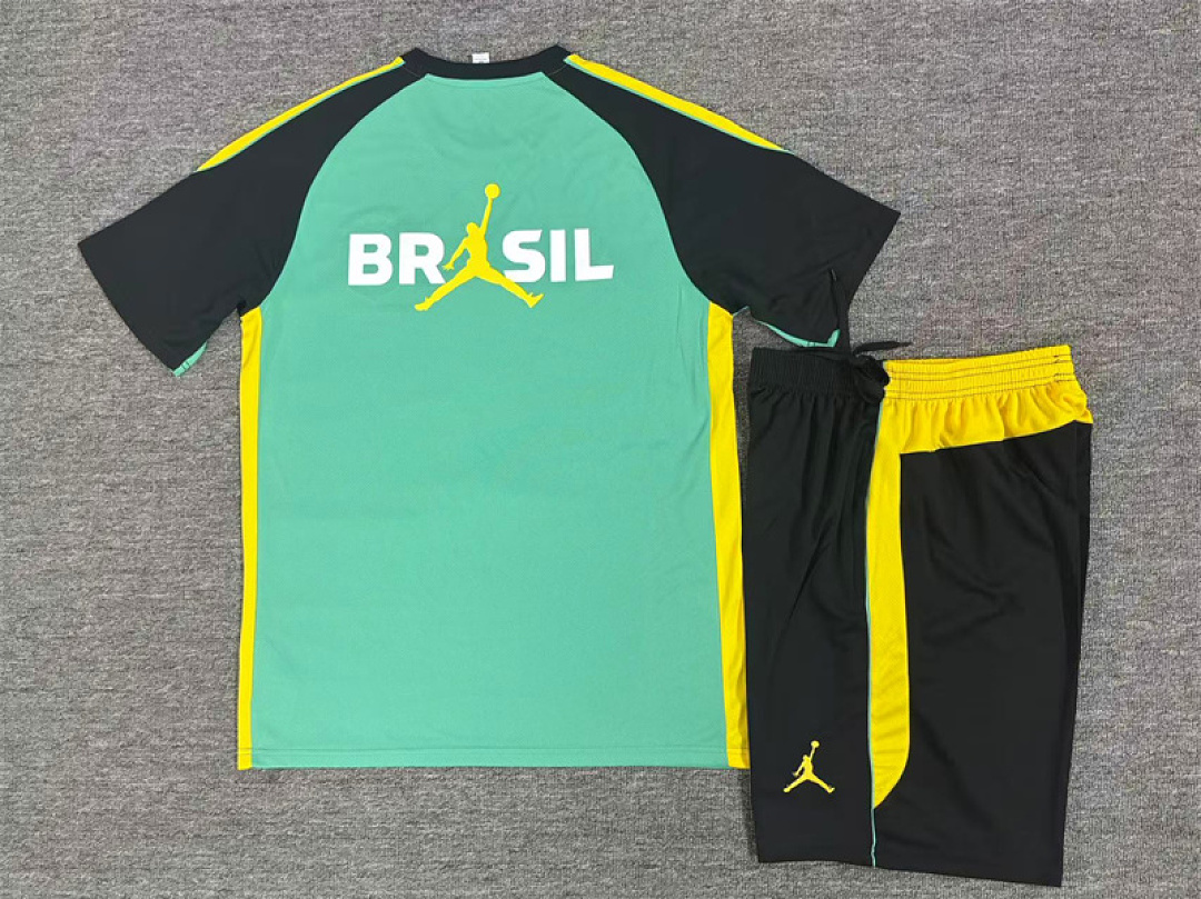 Kids Brazil Jordan Collaboration Light Green Training Kit 2026 Kids Brazil Jordan Collaboration Light Green Training Kit Kit 2026 rear view of shirt and shorts