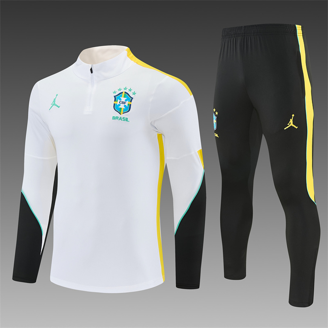 Mens Brazil Jordan Collaboration Half-zip White Training Kit Suit 2026 Mens Brazil Jordan Collaboration Half-zip White Training Kit Suit 2026 rear view of shirt and shorts