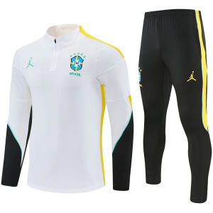 Mens Brazil Jordan Collaboration Half-zip White Training Kit Suit 2026 Mens Brazil Jordan Collaboration Half-zip White Training Kit Suit 2026 white top and black pants front view