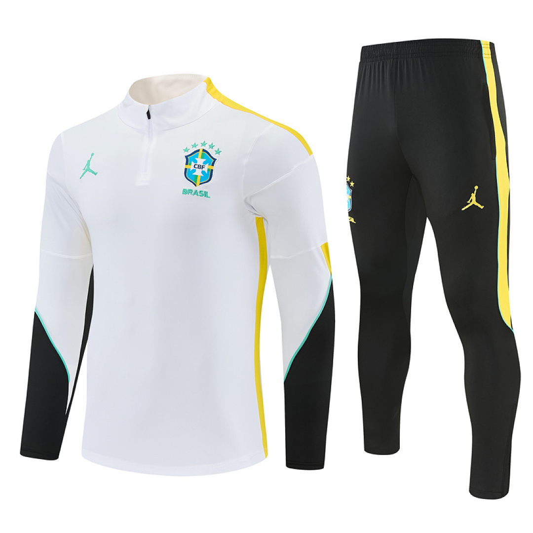 Mens Brazil Jordan Collaboration Half-zip White Training Kit Suit 2026 Mens Brazil Jordan Collaboration Half-zip White Training Kit Suit 2026 white top and black pants front view