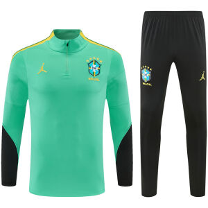 Mens Brazil Jordan Collaboration Half-zip Light Green Training Kit Suit 2026 Mens Brazil Jordan Collaboration Half-zip Light Green Training Kit Suit 2026 light green top and black pants front view