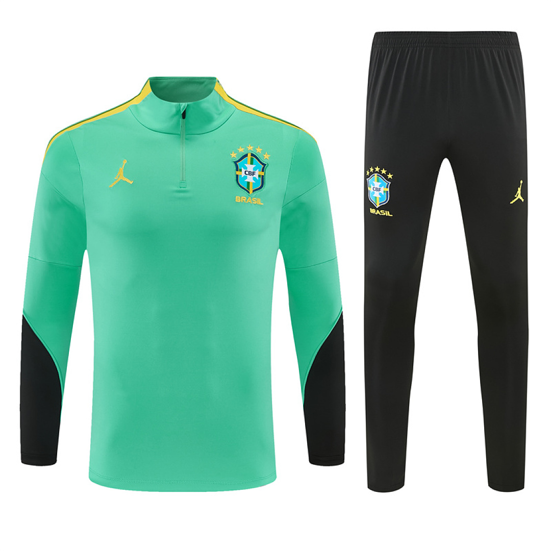 Mens Brazil Jordan Collaboration Half-zip Light Green Training Kit Suit 2026 Mens Brazil Jordan Collaboration Half-zip Light Green Training Kit Suit 2026 light green top and black pants front view