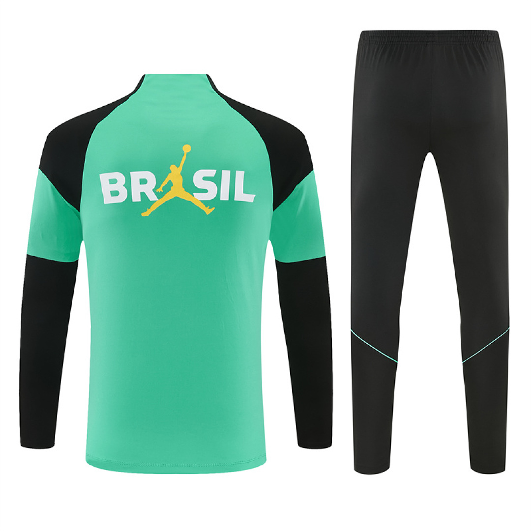 Mens Brazil Jordan Collaboration Half-zip Light Green Training Kit Suit 2026 Mens Brazil Jordan Collaboration Half-zip Light Green Training Kit Suit 2026 rear view of shirt and shorts