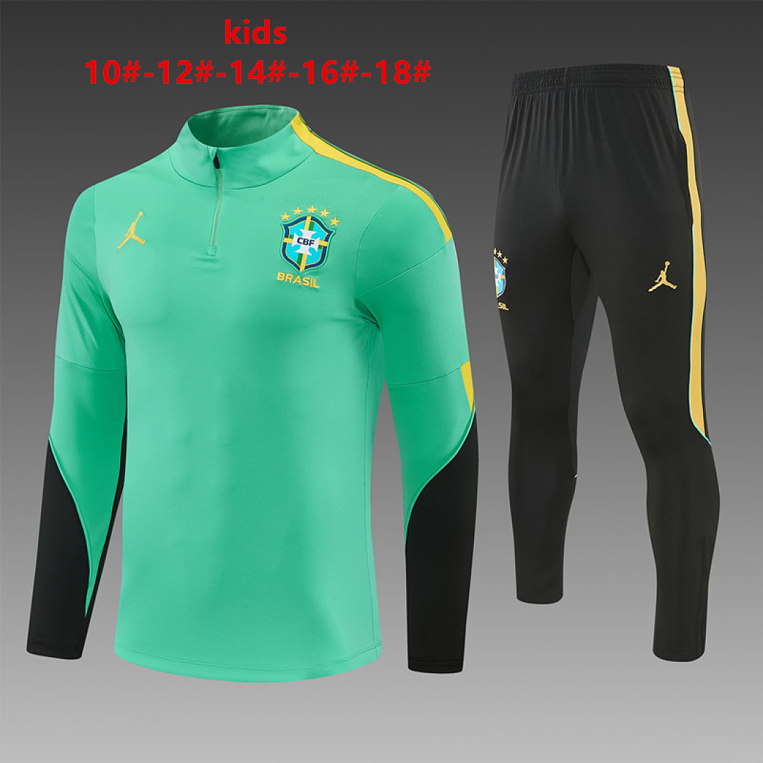 Kids Brazil Jordan Collaboration Half-zip Light Green Training Kit Suit 2026 Kids Brazil Jordan Collaboration Half-zip Light Green Training Kit Suit 2026 light green top and black pants front view