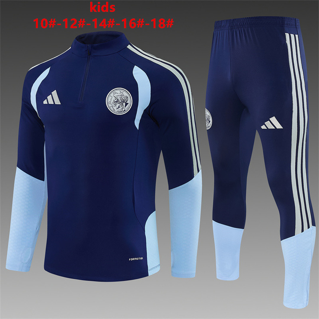 Kids Ajax Half-zip Royal Blue Training Kit Suit 2026/27 Kids Ajax Half-zip Royal Blue Training Kit Suit 2026/27 royal blue top and pants front view