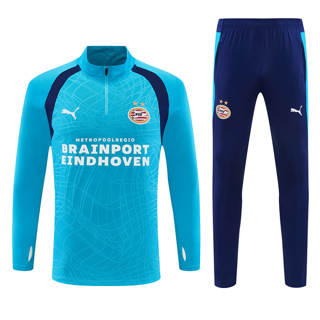 Mens PSV Eindhoven Half-zip Light Blue Training Kit Suit 2026/27 Mens PSV Eindhoven Half-zip Light Blue Training Kit Suit 2026/27 light blue top and navy pants front view