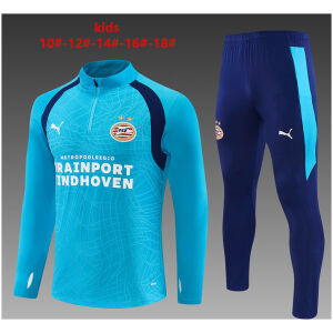 Kids PSV Eindhoven Half-zip Light Blue Training Kit Suit 2026/27 Kids PSV Eindhoven Half-zip Light Blue Training Kit Suit 2026/27 light blue top and navy pants front view