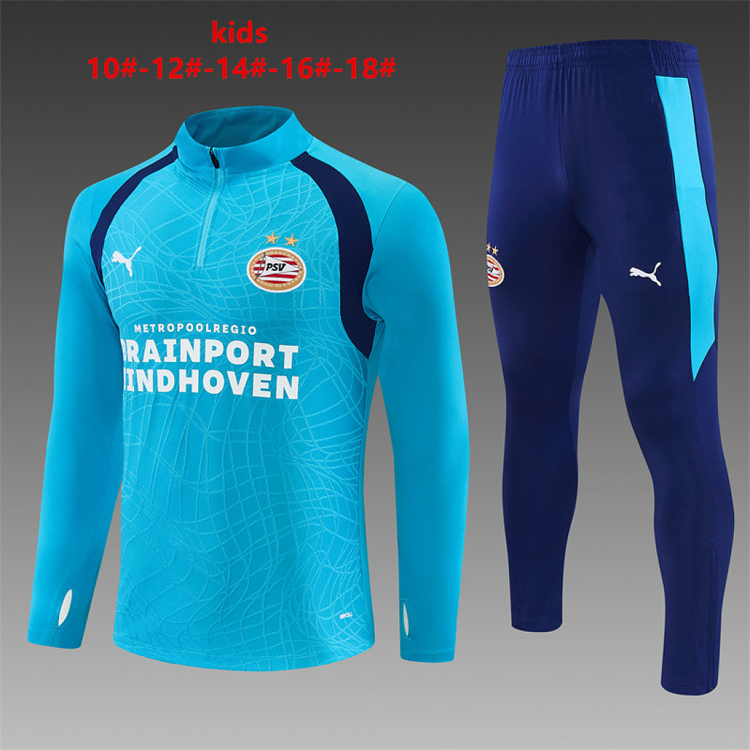 Kids PSV Eindhoven Half-zip Light Blue Training Kit Suit 2026/27 Kids PSV Eindhoven Half-zip Light Blue Training Kit Suit 2026/27 light blue top and navy pants front view