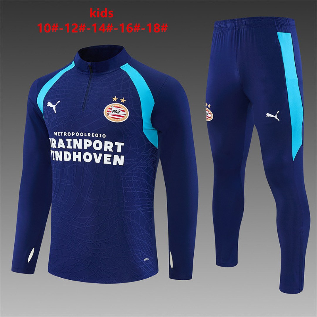 Kids PSV Eindhoven Half-zip Royal Blue Training Kit Suit 2026/27 Kids PSV Eindhoven Half-zip Royal Blue Training Kit Suit 2026/27 blue top and pants front view