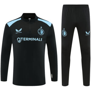 Mens Feyenoord Half-zip Black Training Kit Suit 2026/27 black drill top and pants front view with blue accents