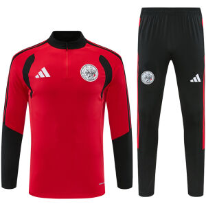 Mens Ajax Half-zip Red Training Kit Suit 2026/27 red drill top and black track pants front view
