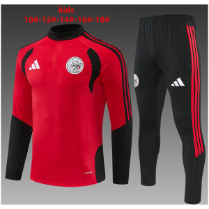 Kids Ajax Half-zip Red Training Kit Suit 2026/27 red drill top and black pants front view