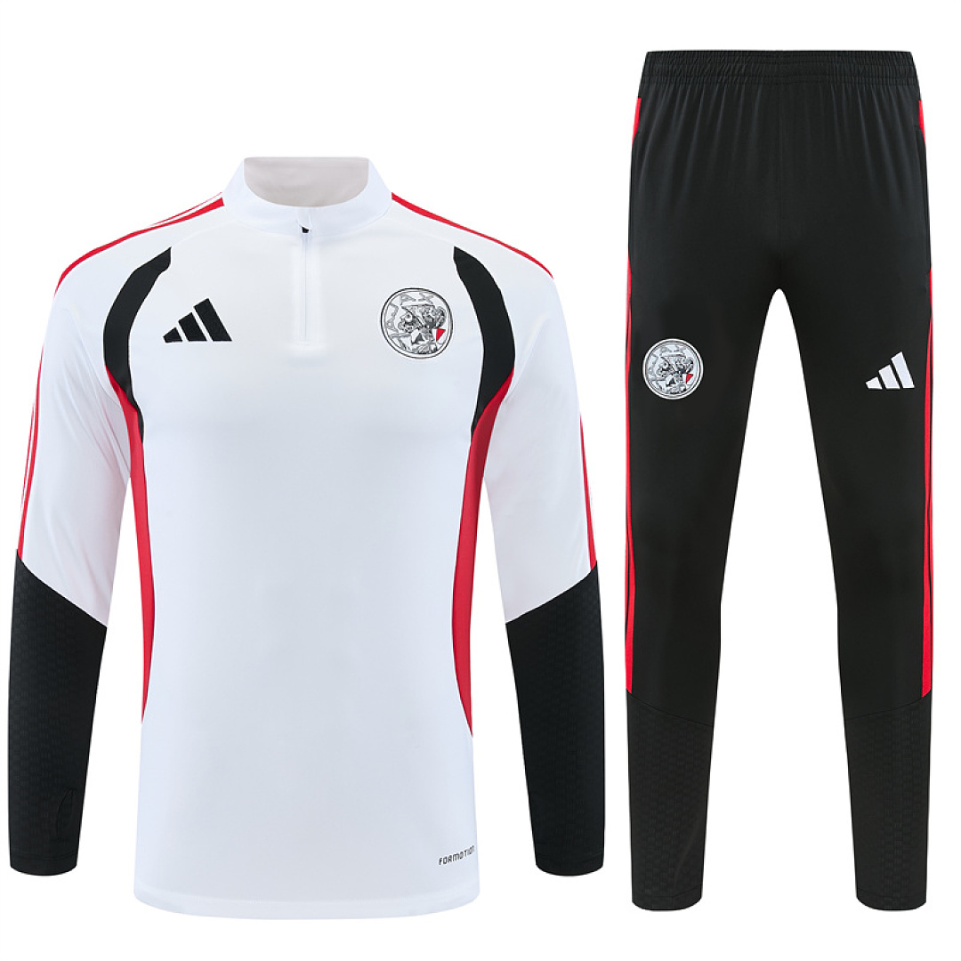 Mens Ajax Half-zip White Training Kit Suit 2026/27 Mens Ajax Half-zip White Training Kit Suit 2026/27 white drill top and black track pants front view