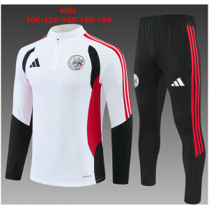 Kids Ajax Half-zip White Training Kit Suit 2026/27 white drill top and black pants front view