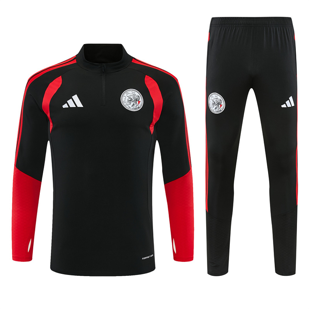 Mens Ajax Half-zip Black Training Kit Suit 2026/27 Mens Ajax Half-zip Black Training Kit Suit 2026/27 black drill top and tapered pants front view