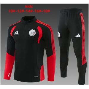 Kids Ajax Half-zip Black Training Kit Suit 2026/27 black drill top and pants front view with red accents