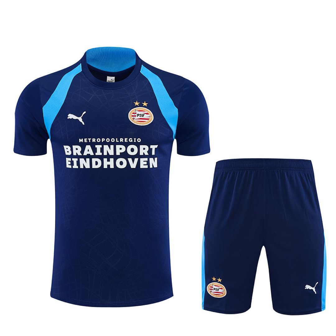 Mens PSV Eindhoven Royal Blue Training Kit 2026/27 Mens PSV Eindhoven Royal Blue Training Kit Kit 2026/27 navy shirt and shorts front view with PSV crest