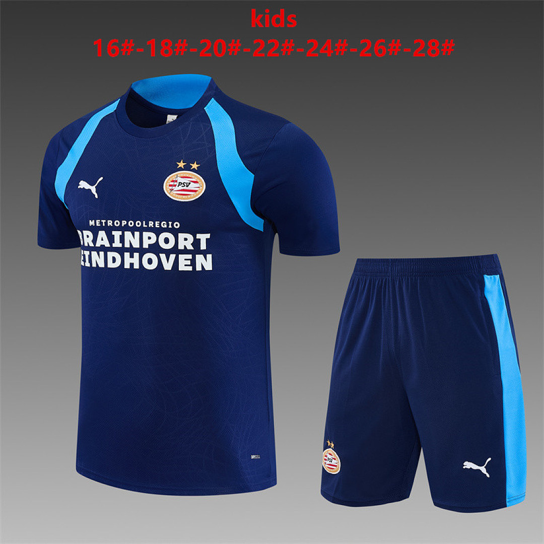 Kids PSV Eindhoven Royal Blue Training Kit 2026/27 Kids PSV Eindhoven Royal Blue Training Kit Kit 2026/27 shirt and matching shorts front view with club crest