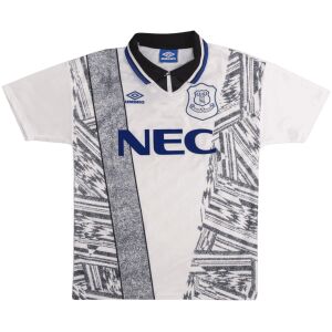 Mens Everton Retro Away Jersey 1994/95 white shirt front view with 90s geometric graphics and blue NEC sponsor