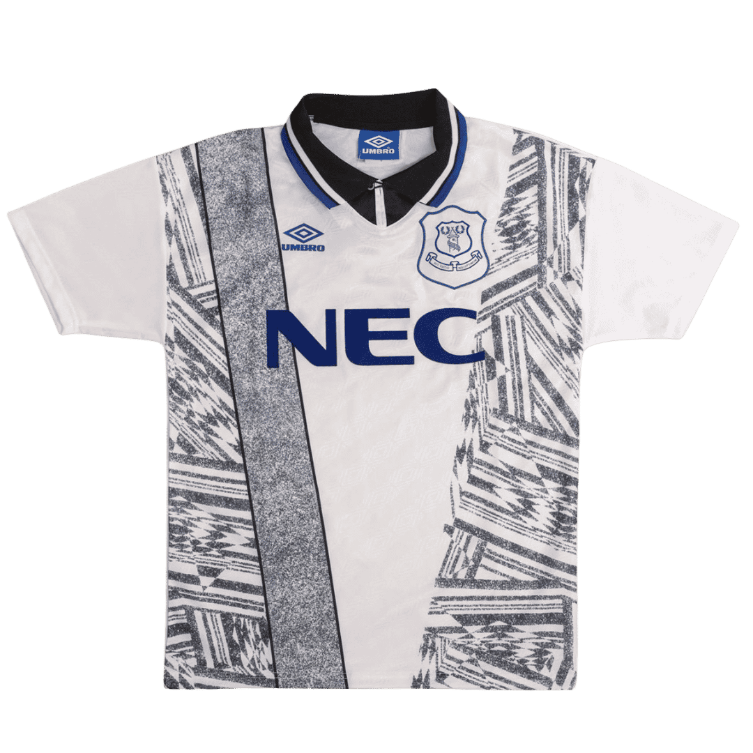 Mens Everton Retro Away Jersey 1994/95 Mens Everton Retro Away Jersey 1994/95 white shirt front view with 90s geometric graphics and blue NEC sponsor