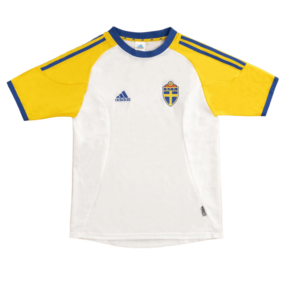 Mens Sweden Retro Away Jersey 2002 Mens Sweden Retro Away Jersey 2002 white shirt front view with yellow raglan sleeves and blue SvFF crest