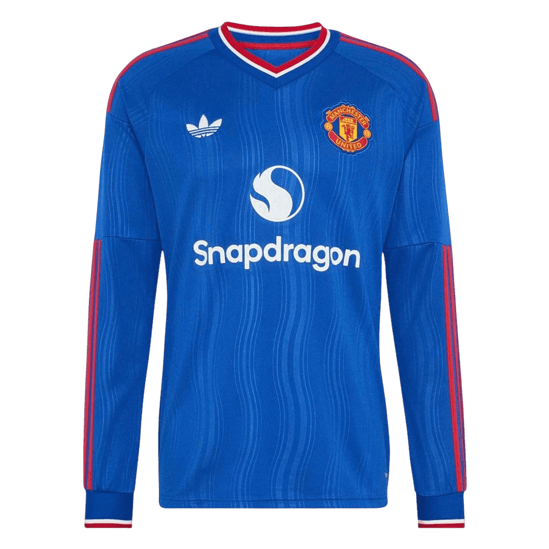 Mens Manchester United Long Sleeve Away Jersey 2026/27 Mens Manchester United Long Sleeve Away Jersey 2026/27 royal blue shirt front view with Trefoil logo and Snapdragon sponsor