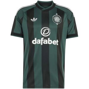 Mens Celtic Away Jersey 2026/27 green and black striped shirt front view with white clover crest