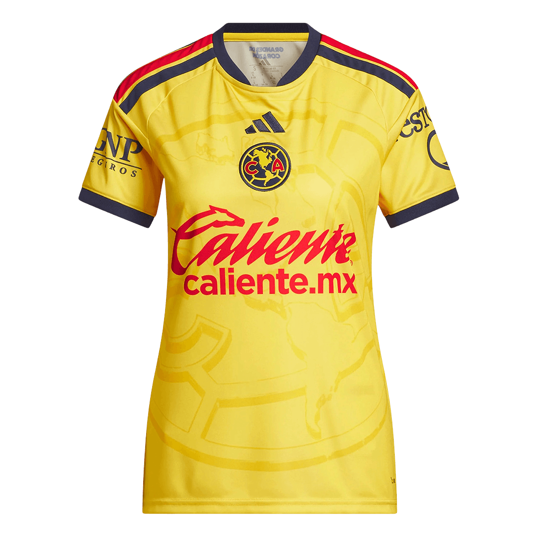 Womens Club America Home Jersey 2026/27 Womens Club America Home Jersey 2026/27 yellow shirt front view with centered crest and red Caliente logo