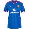 Womens Manchester United Away Jersey 2026/27 blue shirt front view with Trefoil logo and full-color crest