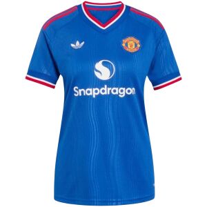 Womens Manchester United Away Jersey 2026/27 blue shirt front view with Trefoil logo and full-color crest