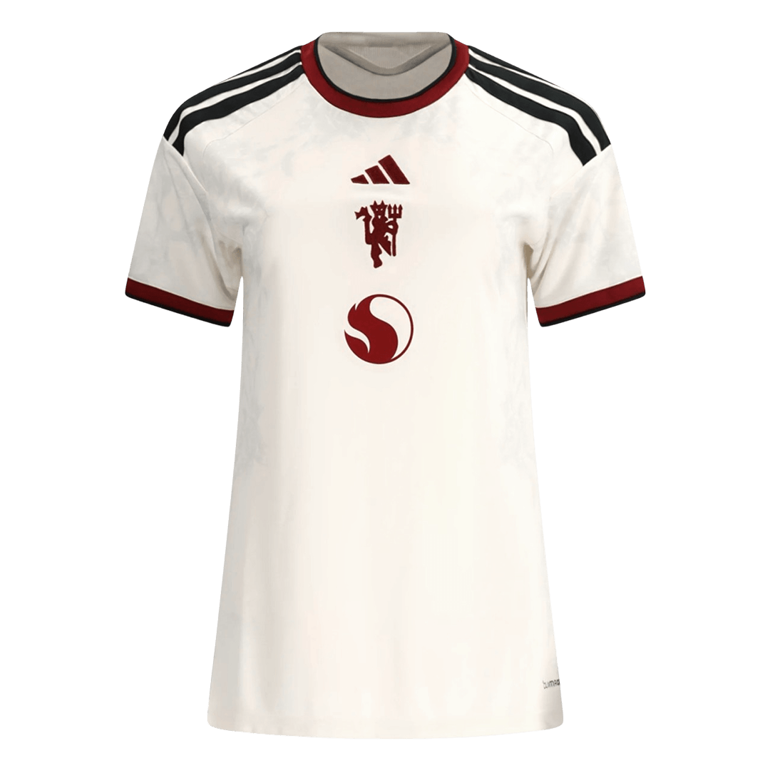 Womens Manchester United Third Jersey 2026/27 Womens Manchester United Third Jersey 2026/27 cream shirt front view with centered maroon Red Devil crest