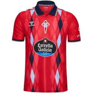 Mens Celta Vigo Third Jersey 2026/27 red shirt front view with argyle diamond pattern and navy polo collar