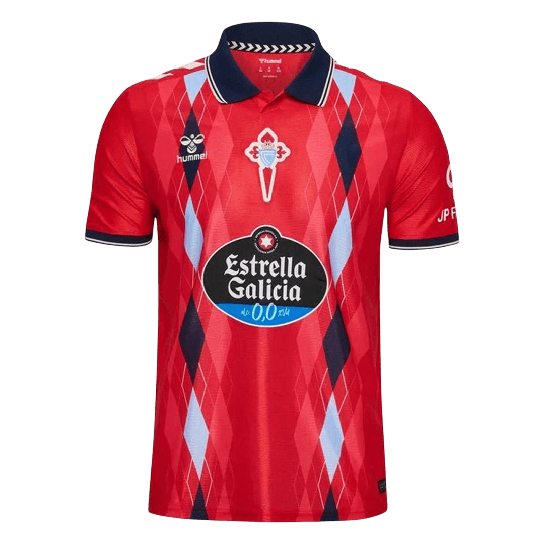 Mens Celta Vigo Third Jersey 2026/27 Mens Celta Vigo Third Jersey 2026/27 red shirt front view with argyle diamond pattern and navy polo collar