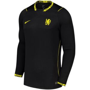 Kids Chelsea Away Kit 2026/27 black long sleeve shirt front view with neon yellow lion crest