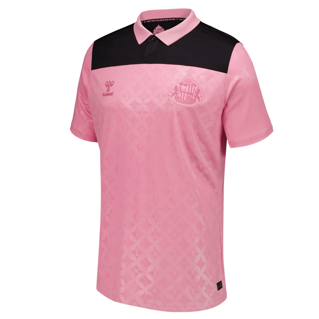 Mens Sunderland AFC Away Jersey 2026/27 Mens Sunderland AFC Away Jersey 2026/27 rose pink shirt front view with black chest yoke
