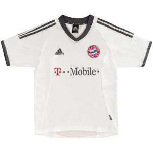 Mens Bayern Munich Retro Away Jersey 2002/03 Mens Bayern Munich Retro Away Jersey 2002/03 white shirt front view with vintage T-Mobile sponsor